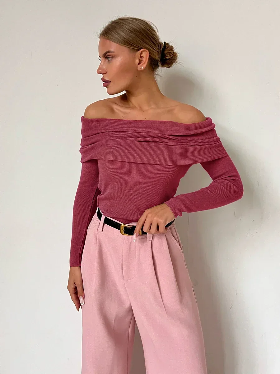 Sumuyoo, camiseta de lana tejida para mujer, ajustada, manga larga, Otoño Invierno, suéter básico elegante con hombros descubiertos, ropa de calle,