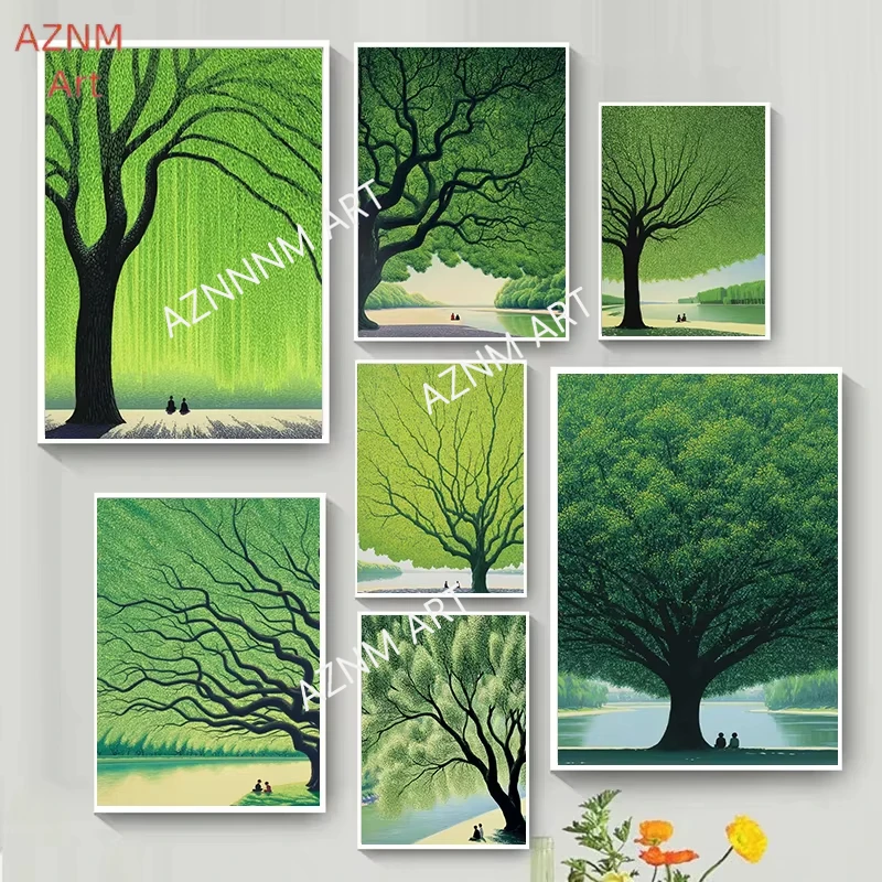 Friedliche Riesige Grüne Bäume Naturlandschaft Kunstposter Leinwanddruck Wohnzimmer Schlafzimmer Heim Wanddekoration Gemälde Rahmenlos