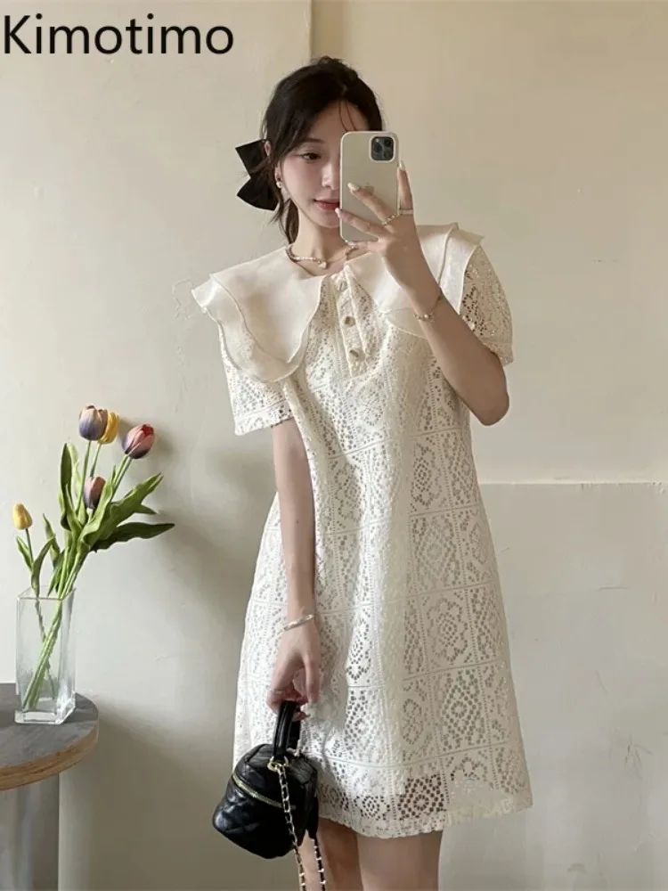 Kimotimo Korean Fashion Dress Women Peter Pan Collar Lace Hollowed Short Sleeve Midi Dresses 2024 Summer Elegant Sweet Vestidos