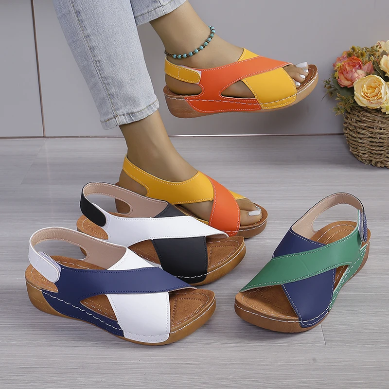 New Women's Contrast Color Wedge Sandals Summer Peep Toe Non Slip Beach Shoes Woman Comfortable Platform Roman Sandalias Mujer image 6
