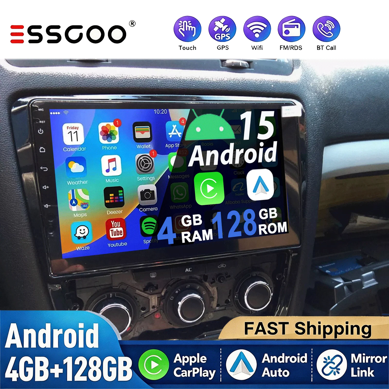 ESSGOO Für Skoda Octavia 2004-2014 Android 15 10.1'' 2Din Car Audio Multimedia-Player WIFI GPS Navigation Carplay Android Auto Autoradio DAB+ Kamera DVR