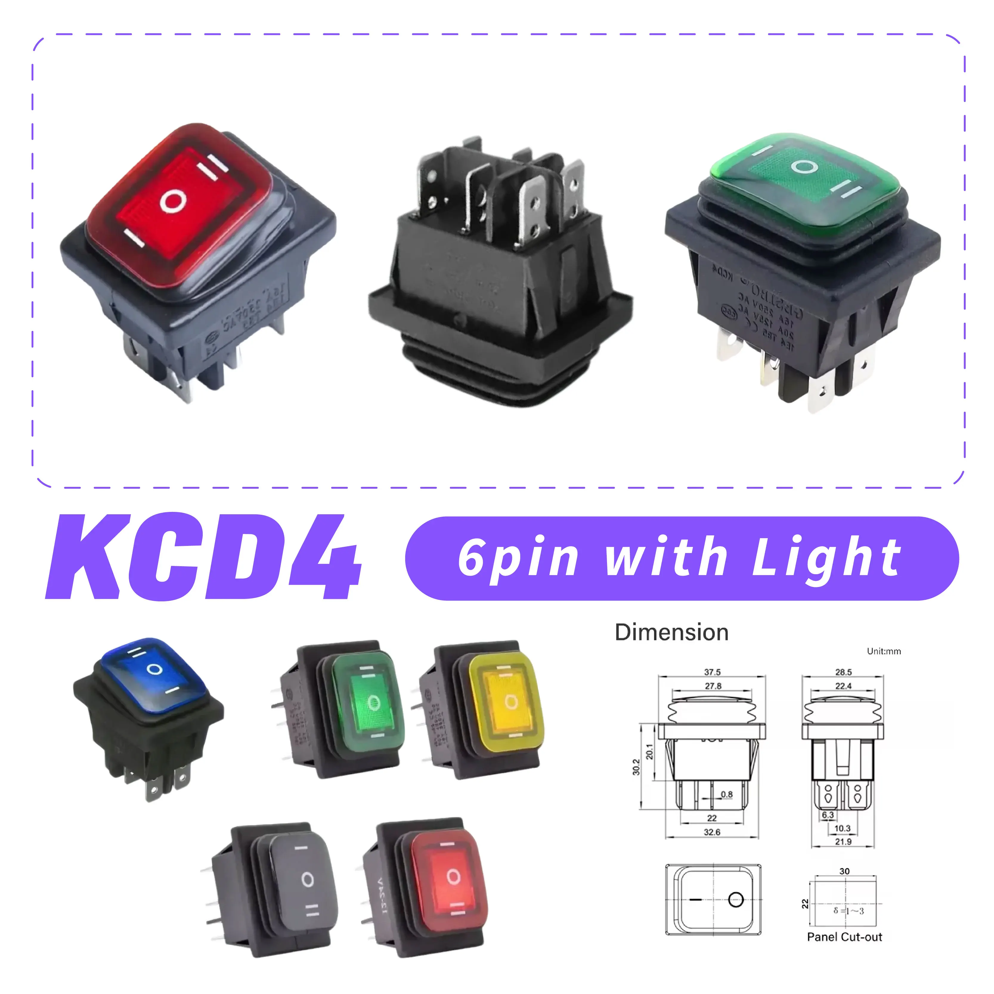 

Momentary Rocker Switch 6 Pin LED Light KCD4 Reset Double Sides Spring 16A 250VAC