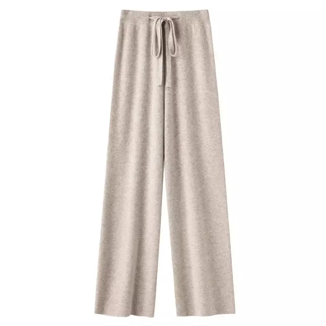 

Pop Elegant Cloud Pants Women's Autumn Winter Woolen Knitted Floor-Length Thick High Waist Wide Leg Casual Trousers