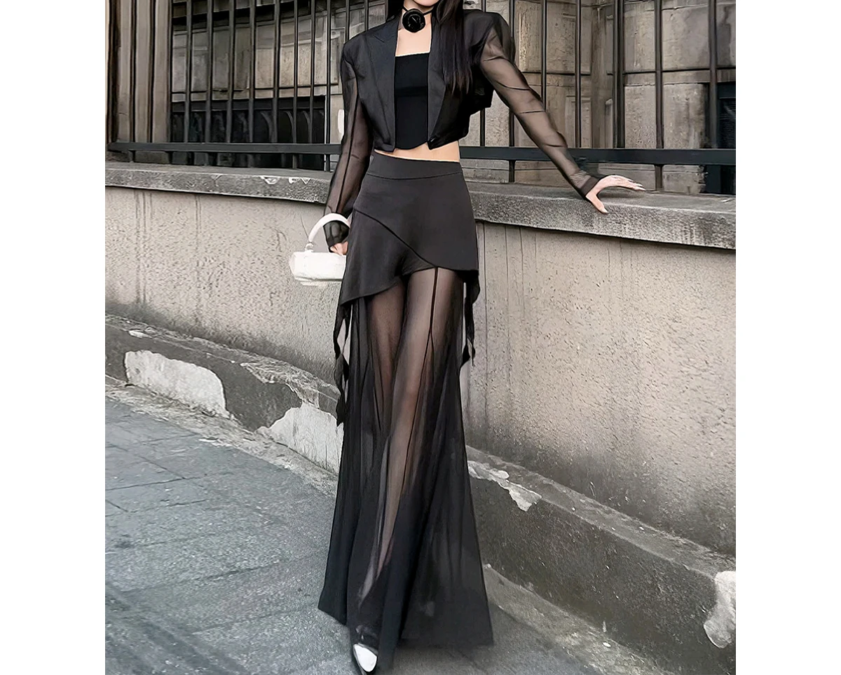 中空ウエストストラップデザインショートジャケット感2025夏スーツレディース薄手メッシュスプライシングパンツ2点セット