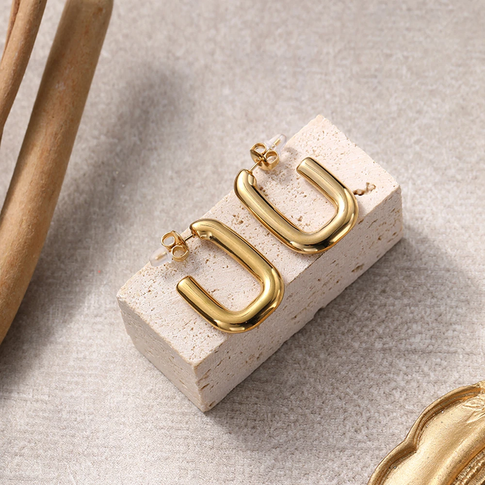 18K Gold Plated U Shaped Hoop Earrings Stainless Steel Chunky Rectangle Geometric Open Hoops Loop Earring Jewelry For Women view 3