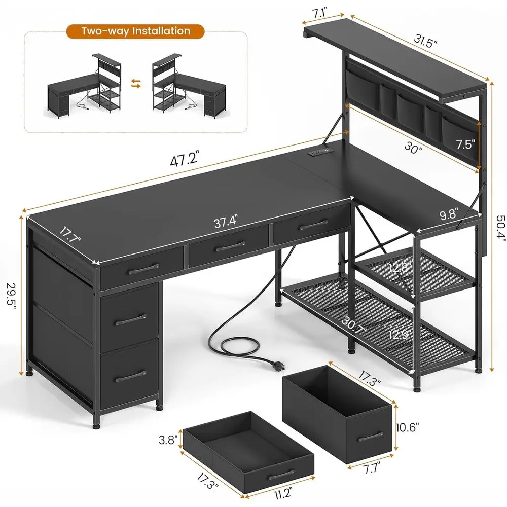 47.2 L-Shaped Gaming Desk with 5 Drawers, Storage Shelves, LED Lights, and Power Outlet in Black