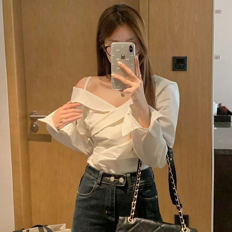 

Spring Autumn New Solid Color V-neck Long Sleeve Blouse Women High Street Casual Hollow Out Off Shoulder All-match Pullovers