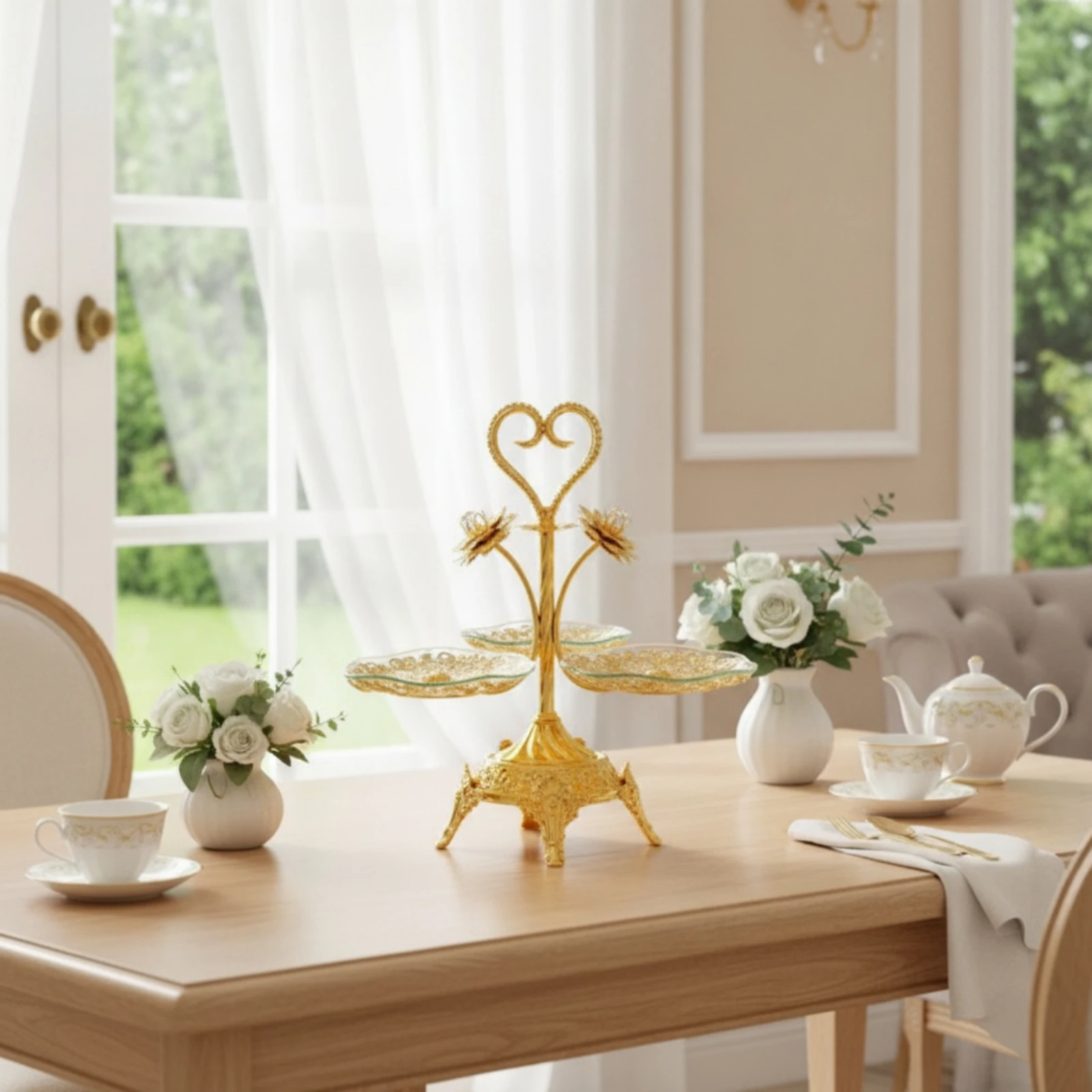 Fruit Stand with Glass Trays Filigree Dessert Stand with Metal Frame Ornate Dessert Stand Scalloped Heart-Shaped Tray Embossed