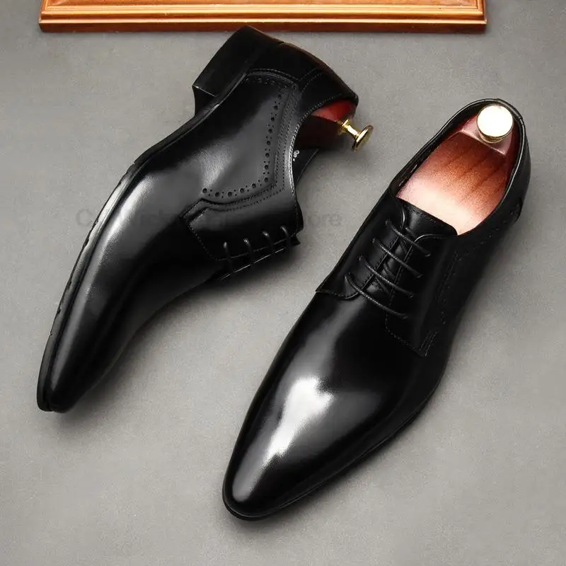 

HKDQ Italian Men Dress Shoe Plain Toe Genuine Leather Oxfords Classic Lace-Up Business Office Wedding Party Formal Shoes For Men