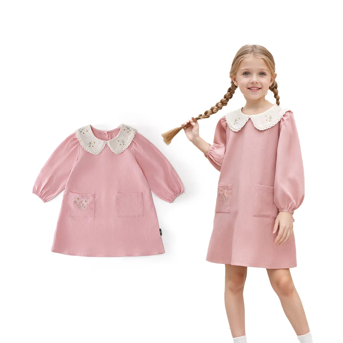 

Girls Dress 2025 Autumn New Korean Embroidery Doll Collar Pink Princess Dress Long Sleeve Dress flower girl ivory