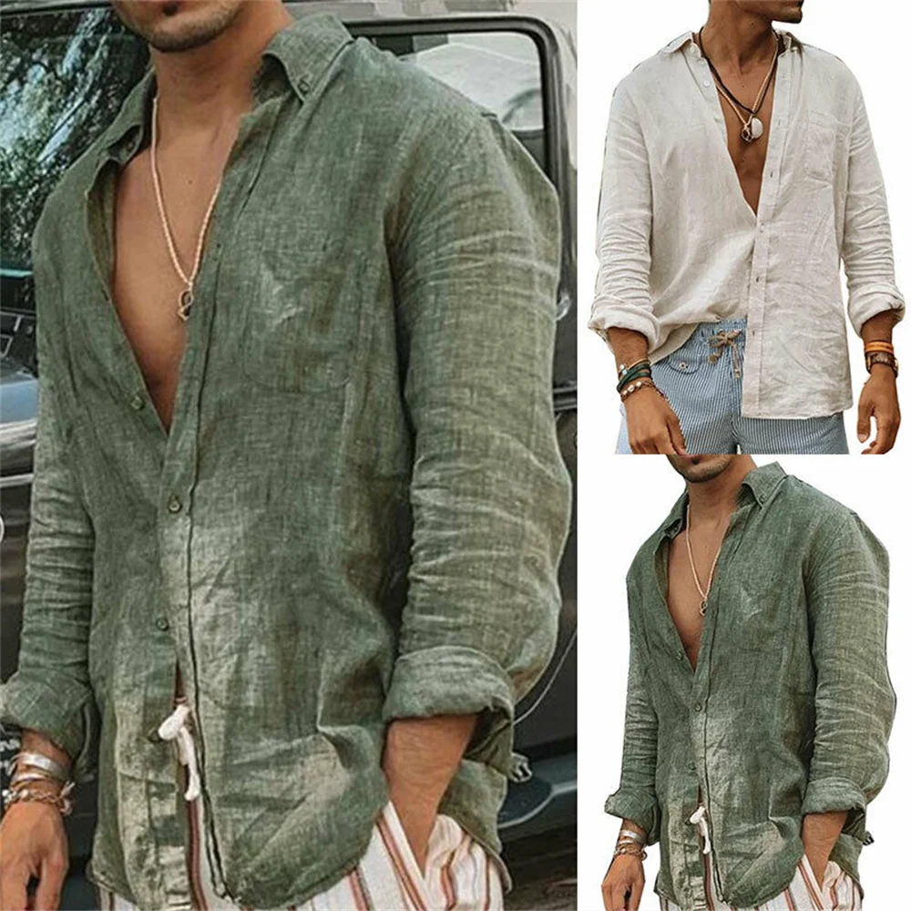 Herren Baumwoll-Leinen-Hemd mit Revers, Langen Ärmeln, Knopfleiste, Einzeltasche, Locker Geschnitten, Lässiges Strand-Oberteil, Atmungsaktive Vintage-Bluse