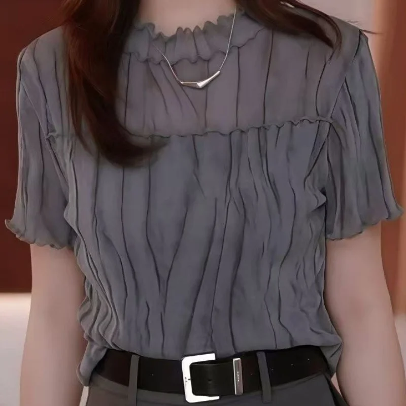 

Gray Ruffled Neck Short Sleeve T Shirt Women Elegant Office Top Solid Color Regular Fit Summer Lightweight Blouse