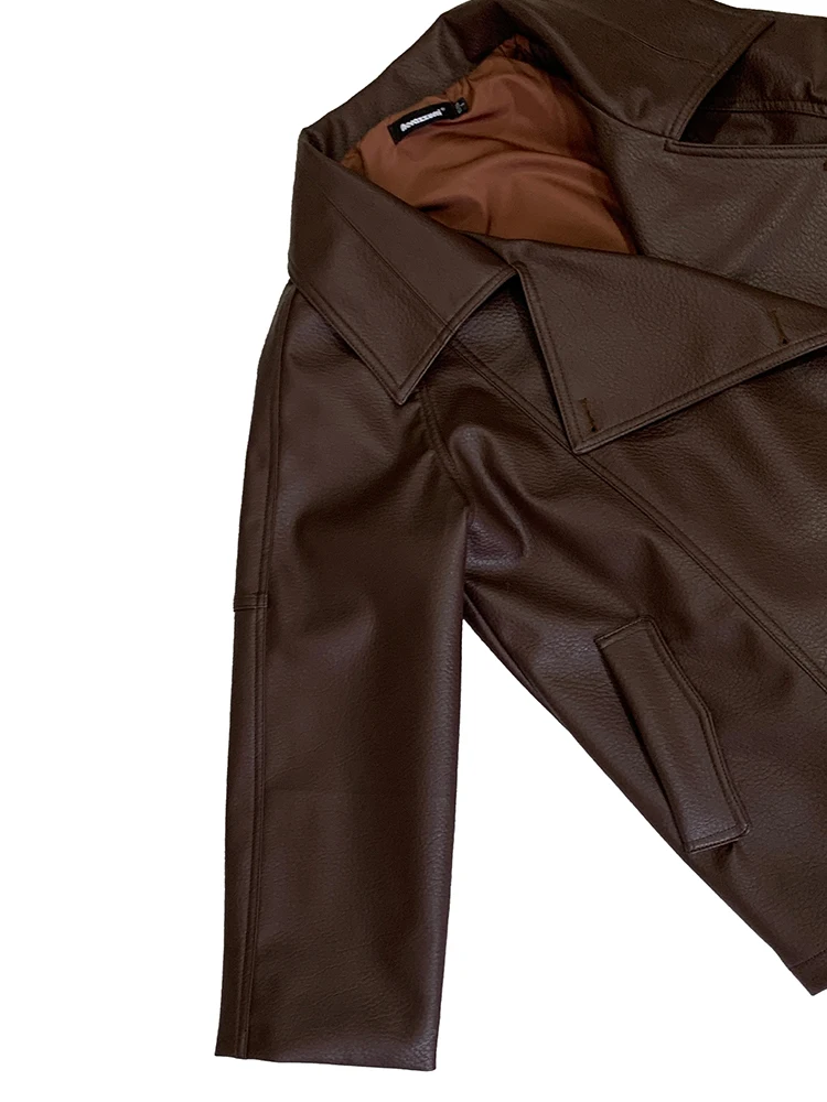 Primavera otoño chaqueta de piel sintética marrón para mujer con manga larga raglán cordón elegante negro ropa de diseñador de lujo 2025