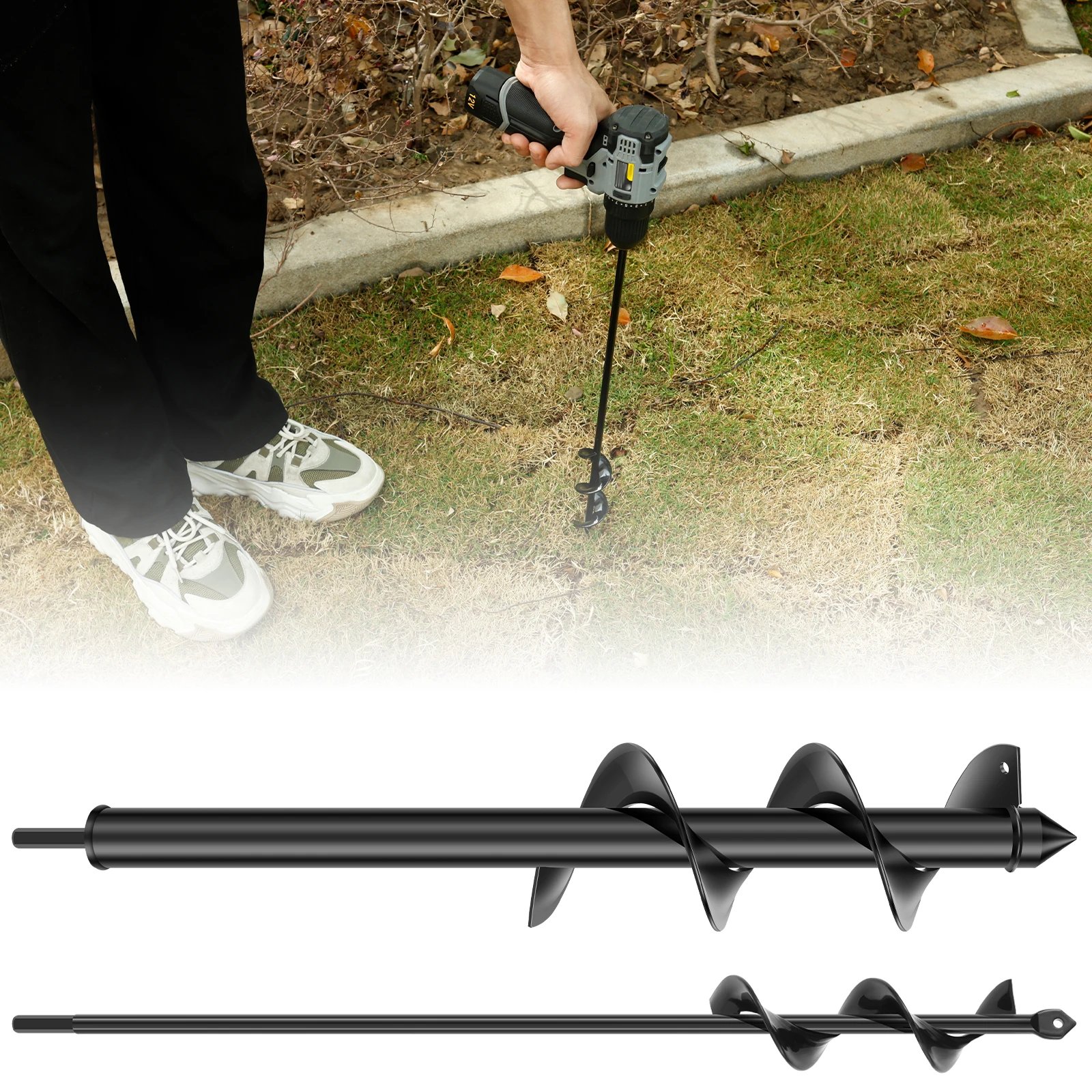 

2 Pcs Carbon Steel Auger Drill Bit for Planting 4x45cm and 8x45cm Heavy Duty Garden Auger Drill Bit with Paint Coating