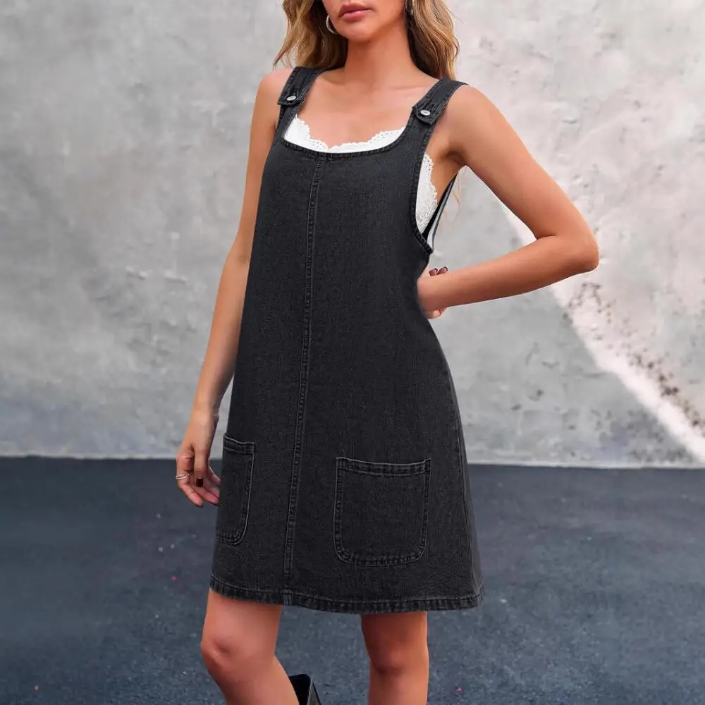 

Women's Lace Trim Denim Pinafore Dress Sleeveless Casual Mini Jean Dress Ropa Para Mujer