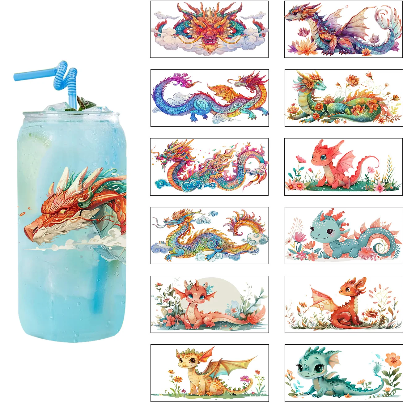 Mixed Colorful Baby Dragons With Flower UV DTF Cup Wraps For 16oz Libbey Cup Cartoon Loong Pattern 3D Stickers DIY Decals Wraps