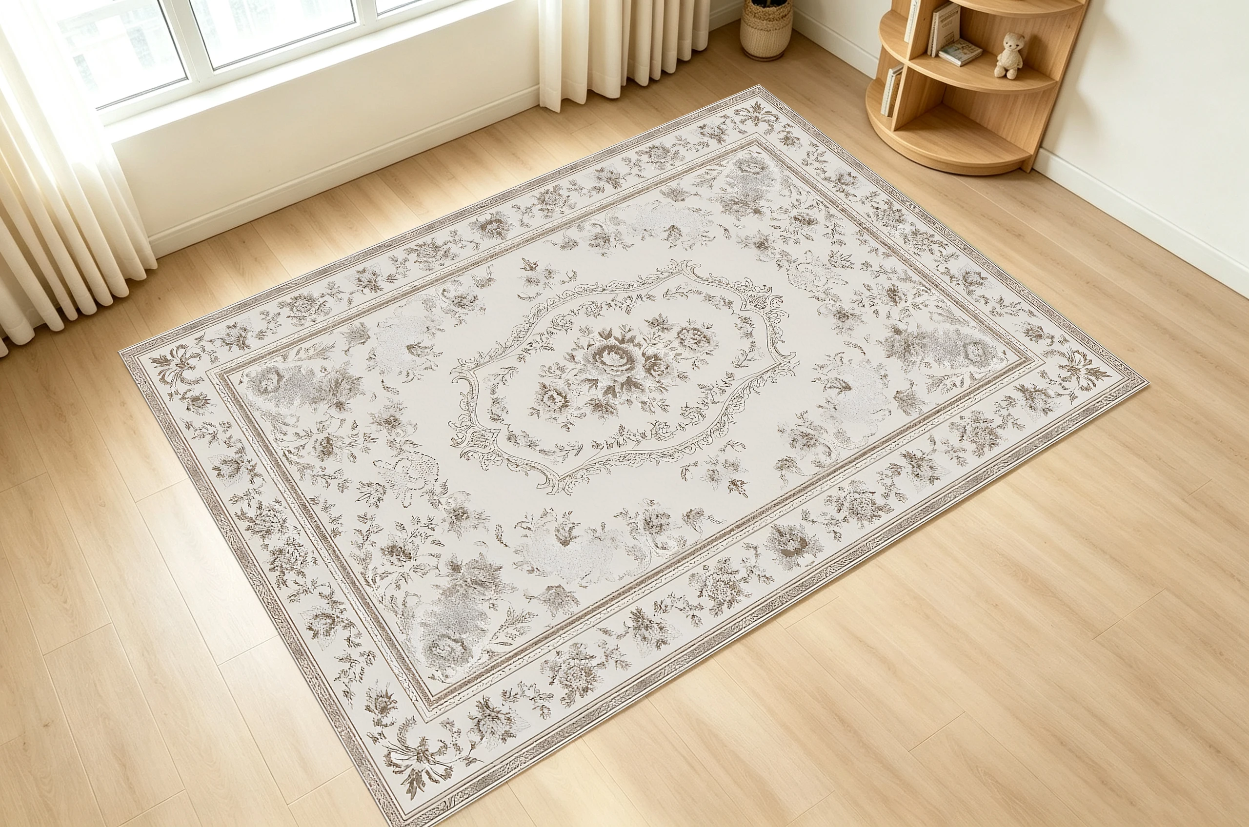 2D Light Beige-Gray European Retro Floral Rug, Soft & Skin-Friendly, for Living Room & Bedroom, Enhancing the Space
