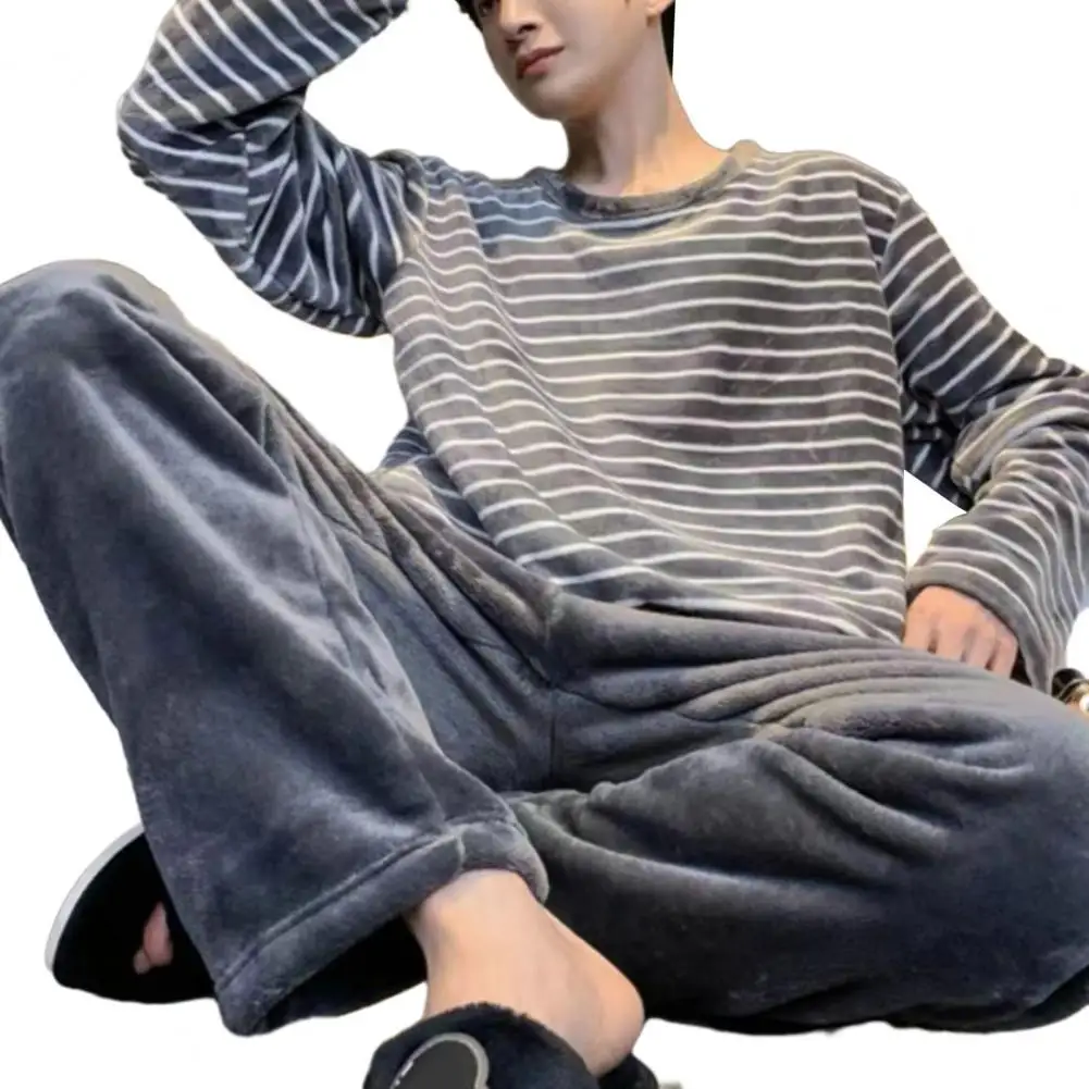 Coral Velvet Loungewear Cozy Men's Winter Pajama Set Striped Round Neck Thick Coral Fleece Elastic Waist Warm Homewear for Fall