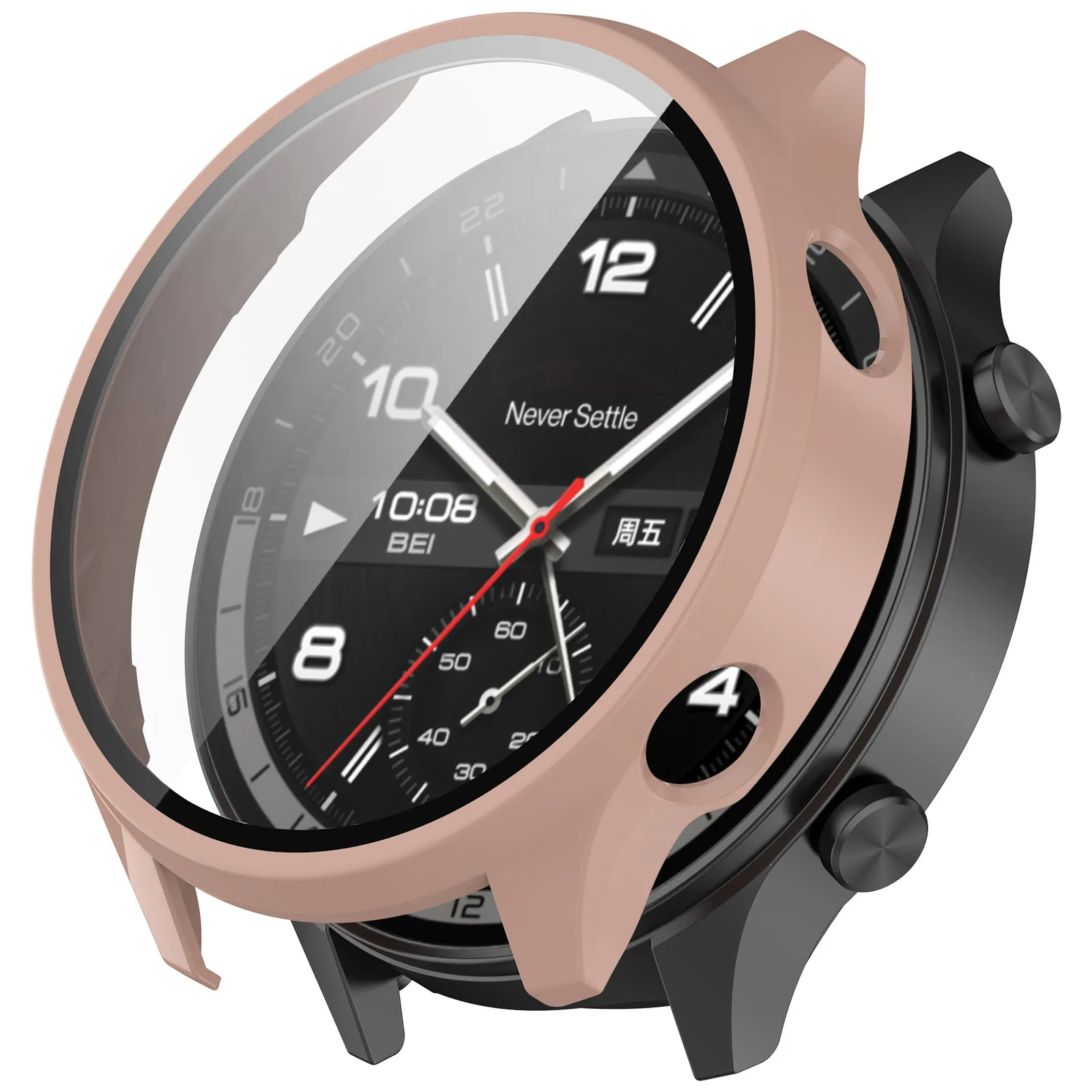 

For OnePlus Watch 2R Case Hard PC Full Protective Watch Cover with Tempered Glass Film - Pink