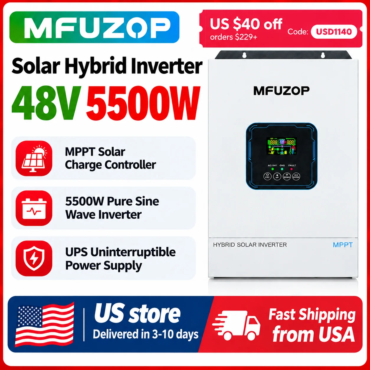 DATOUBOSS 48V 5500W Hybrid Solar Inverter, 48V DC to 110/120V AC Pure Sine Wave With a built-in 100A MPPT charger, 8500W PV input, 500V DC, off-grid inverter for home backup, RVs, and solar setups