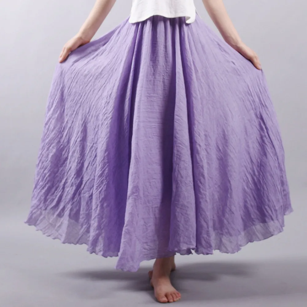 Summer Solid Cotton Linen Maxi Skirt Women Casual Beach Long A Line Skirts Double Layer Elastic Waist Plus Size Pleated Skirt