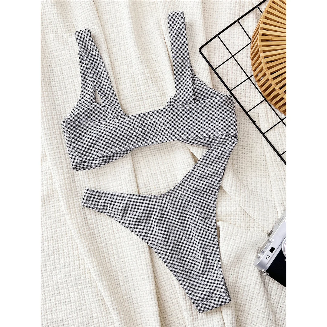 Schwarz-weiß kariertes, brasilianisches High-Cut-Bikini-Set, zweiteiliger Badeanzug für Damen, Badebekleidung, Badeanzug, Schwimmbekleidung V5832 – Detail 10