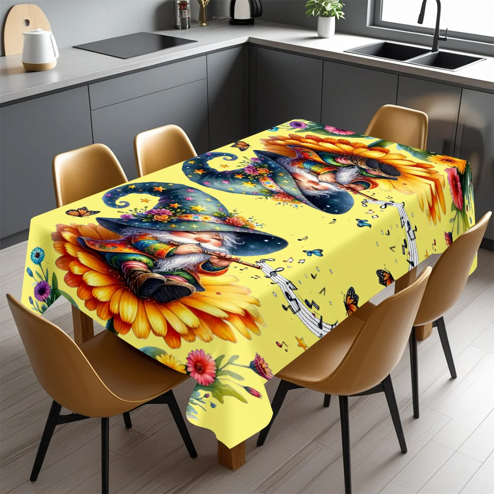 Floral Gnome Tablecloth, Yellow Base With Whimsical Dwarf Graphics, Rectangular Table Cover for Kids Room & Craft Table Decor