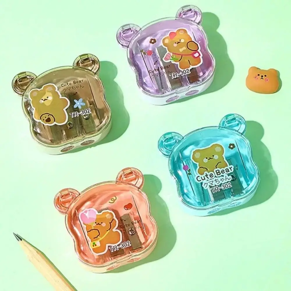 Portable 2 Holes Little Bear Pencil Sharpener Kawaii Cute Double Hole Pencil Cutter Cartoon Anime Pencil Cutting Tools Student