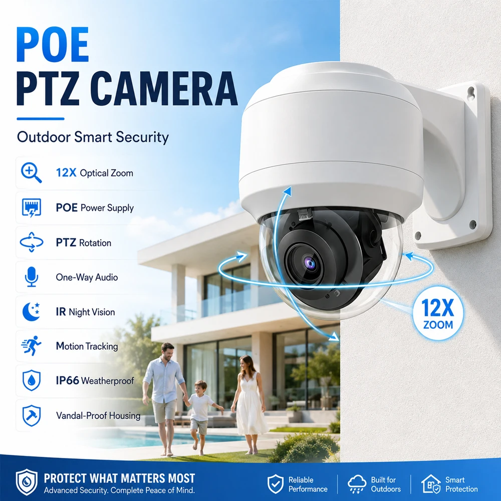 8MPPOE PTZ Dome Security Camera 12X Optical Zoom Vandal‑Proof Housing Motion Tracking IP66 Weatherproof Outdoor Surveillance Cam