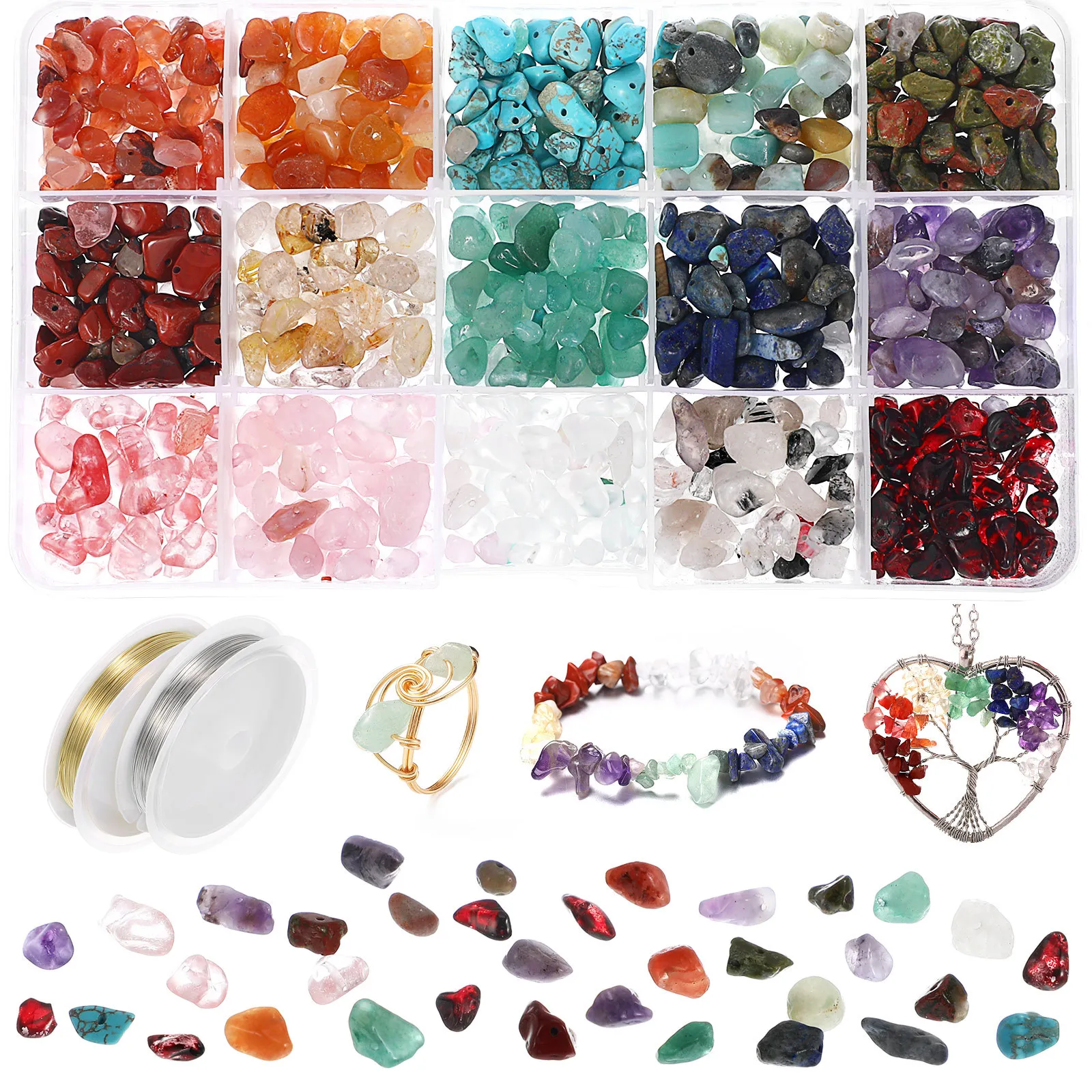 Box of Natural Irregular Gemstone Beads Pre Drilled Hole for Jewelry Making DIY Crafts Bracelet Ring Earring Copper Wire Set