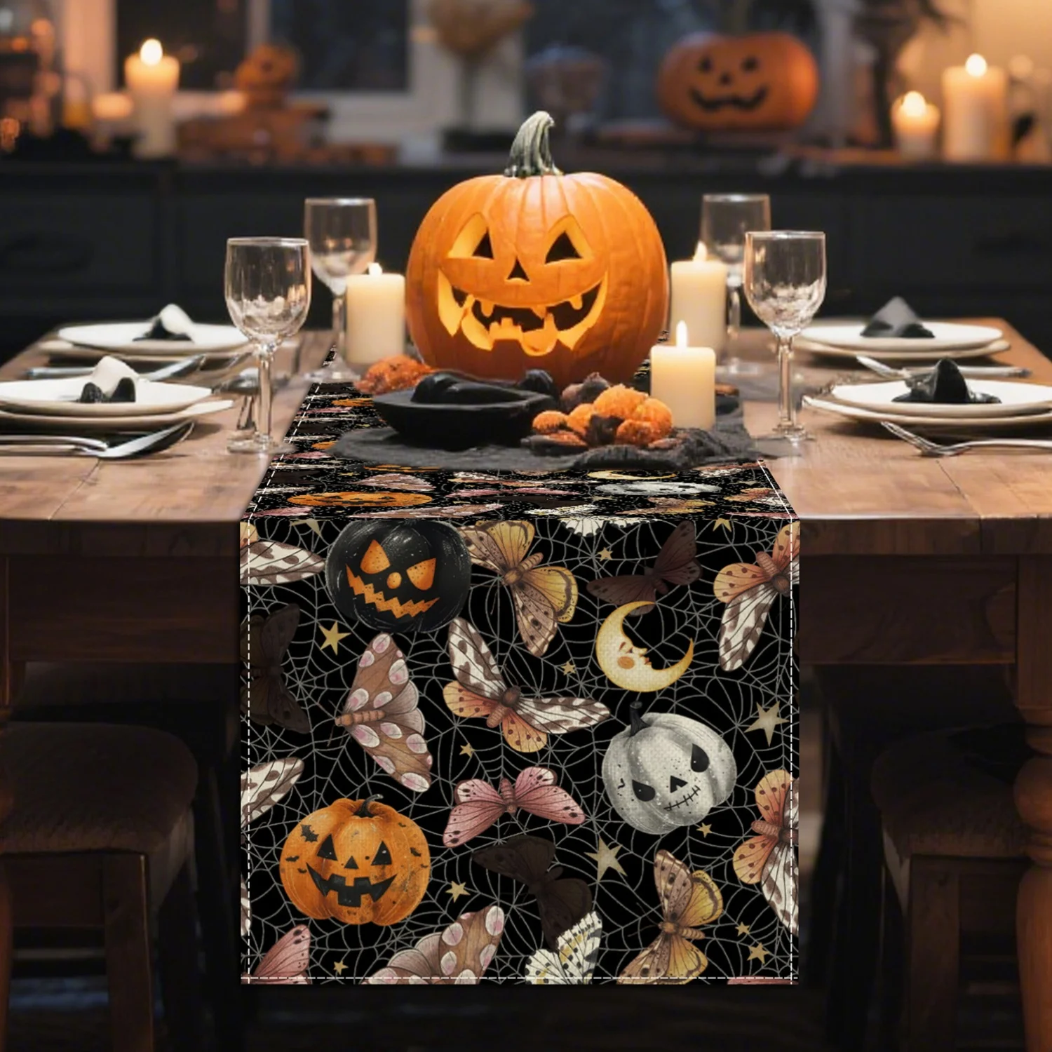 شبكة عنكبوت بوهو للهالوين مع عث اليقطين والنجوم لتزيين المطاعم ومفرش طاولة للحفلات والمناسبات الاحتفالية والنهار المقدس د