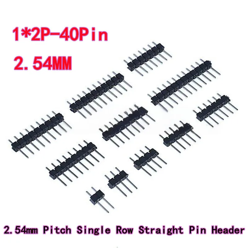 50PCS 2.54mm Pitch Pin Header Single Row Straight Pin Header Iron pin 1*2/3/4/5/6/7/8/10/12/15/20/40 Pins