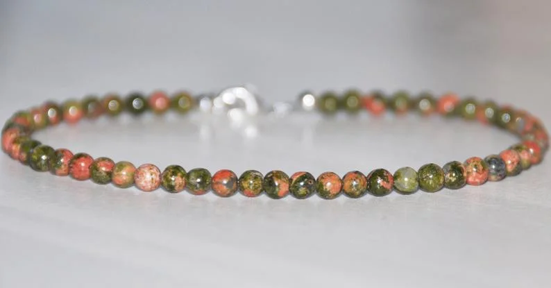 Unakite Sterling Silver Anklet, Clarity Visualization Meditation Bracelet, Helps Break Bad Habits Removes Obstacles Helps