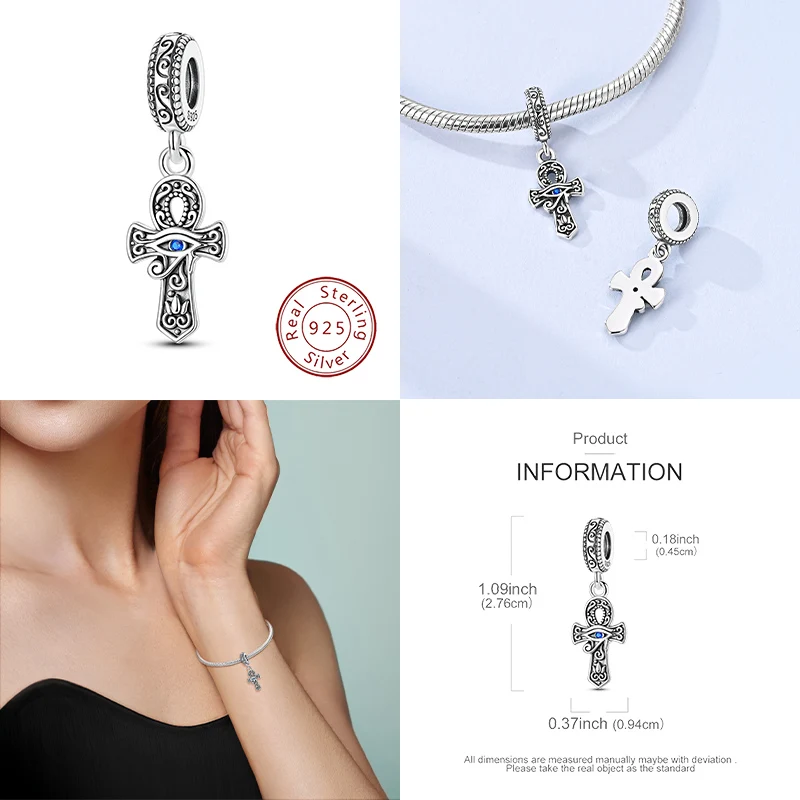 New 925 Sterling Silver Ankh Cross Eye of Horus Pendant Beads, Suitable as Original Women's Bracelet Wearing Gift DIY Exquisite