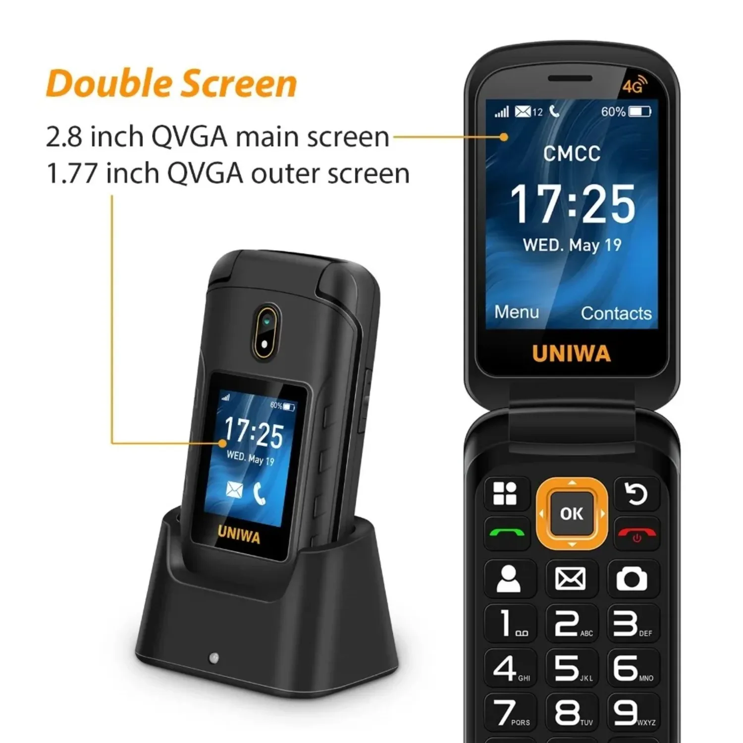 UNIWA V909T 4Gพลิกโทรศัพท์หน้าจอคู่โทรศัพท์มือถือปุ่มกดขนาดใหญ่โทรศัพท์มือถือสําหรับผู้สูงอายุ 2250MAhรัสเซียฮีบรูแป้นพิมพ์ภาษาอาหรับ