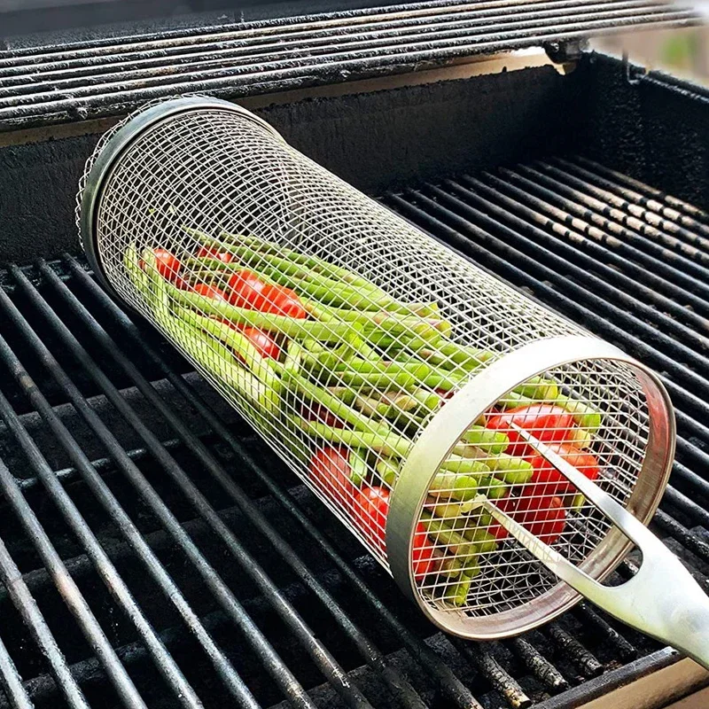 Stainless Steel Barbecue Cooking Grill Grate Outdoor Camping BBQ Drum Grilling Basket Campfire Grid Picnic Cookware Kitchen Tool