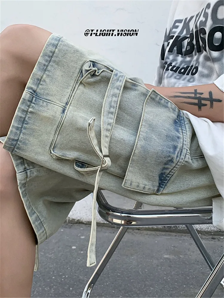 

American Retro Men's Denim orts Large ket Functional Straight Leg Workwear Summer Trendy Loose Casual Five-Quarter Pants