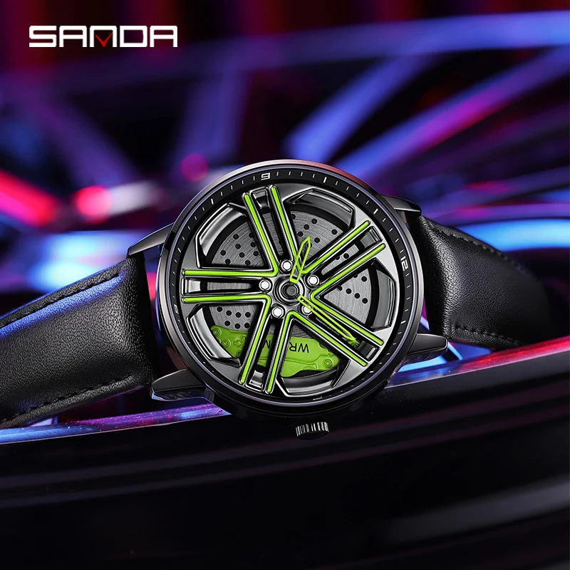 SANDA P1090 Sports Car Men Watch 2023 New Leather Waterproof Rim Hub Wheel Quartz Wristwatches Men\'s Watches Relogio Masculino