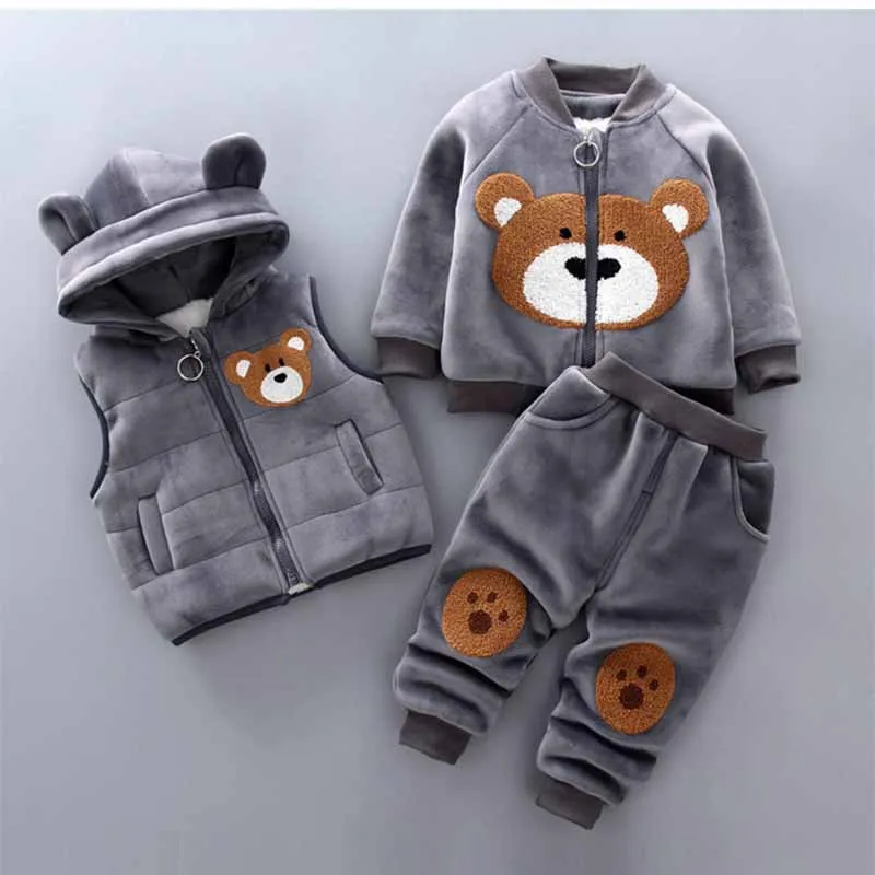 2024 Baby Padded Three-Piece Girls Bear Cartoon Hooded Sets Autumn Winter Boys Warm Zip Solid Colour Casual Suit 12M-4 Years Old