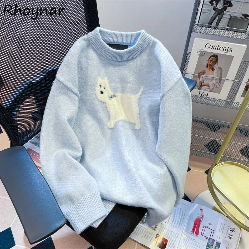

Pullovers Women Autumn Sweet Girls College Blue Sweater Gentle Kawaii All-match Tender Soft Casual Korean Style Streetwear Daily