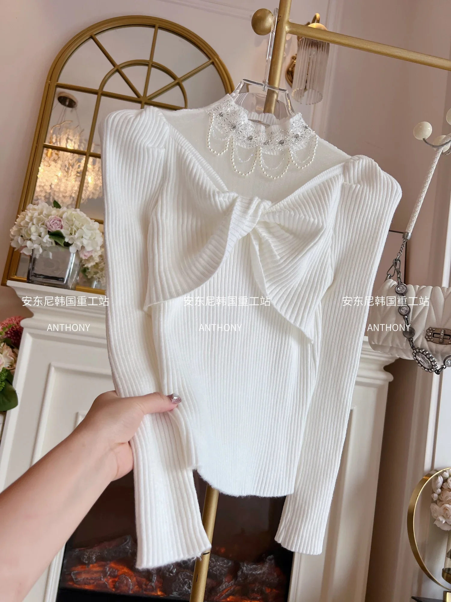 Sweet Beading Knitted Pullovers for Women Clothing Mesh Patchwork Long Puff Sleeve Temperament Sweater Bottoming Shirt