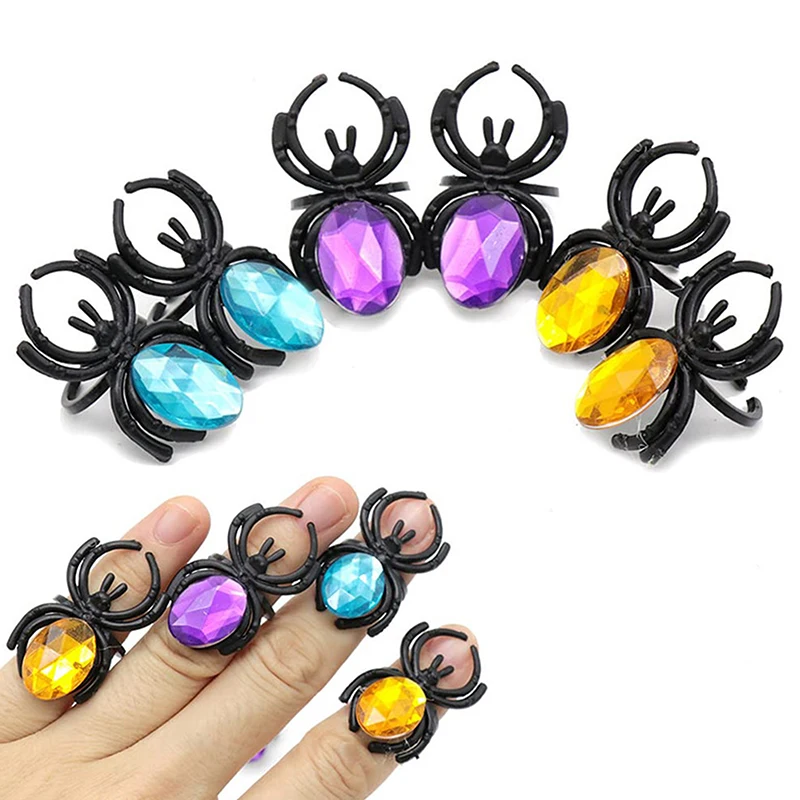 10Pcs Novelty Plastic Gemstone Spider Ring Toys For Kids Halloween Party Favors Goodie Bag Pinata Fillers