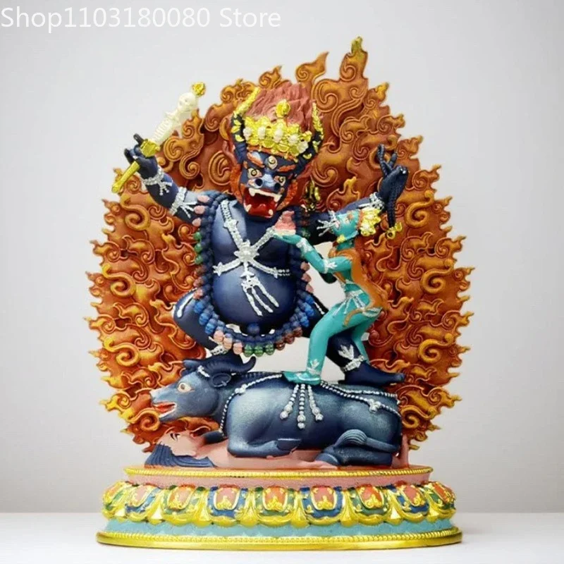 15cm Painted Brass Demchen Chogyal Statue Tibetan Yama Dharmaraja Wrathful Protector Sculpture Altar Decor