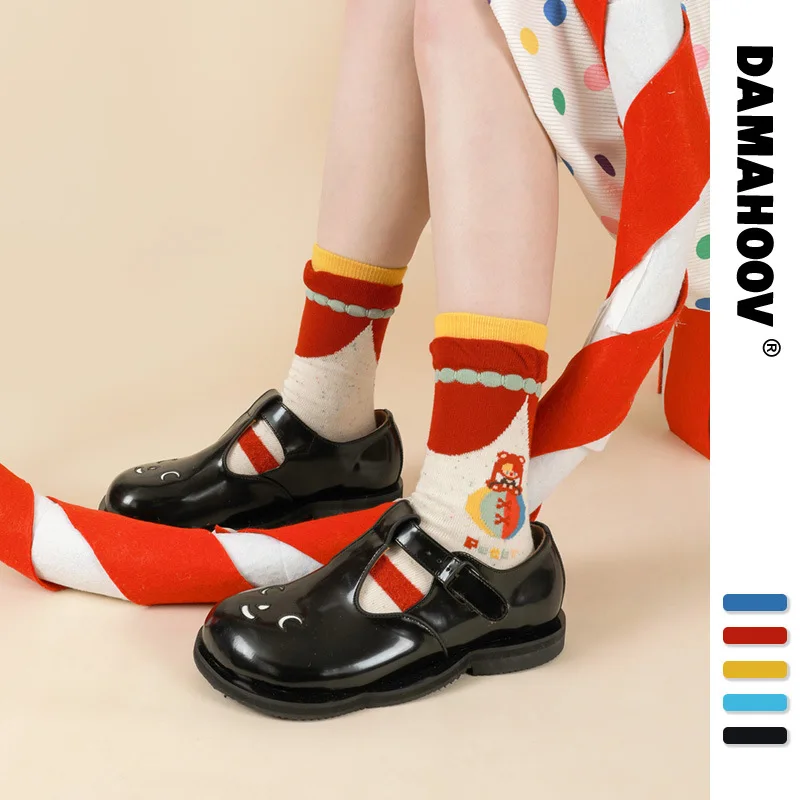 DAMAHOOV Autumn/Winter New Circus Series Cute Cartoon  Polka Dot Stripe Retro Mid length Socks