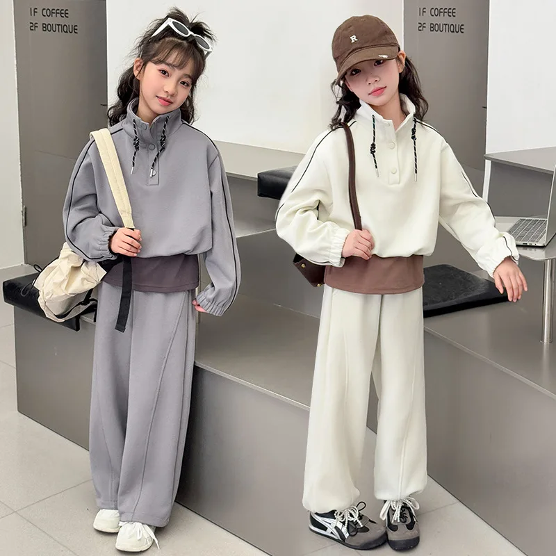 

Осенние комплекты из двух предметов для маленьких девочек, толстовка с длинными рукавами + однотонные штаны с эластичной резинкой на талии, повседневные детские спортивные комплекты для девочек от 4 до 14 лет