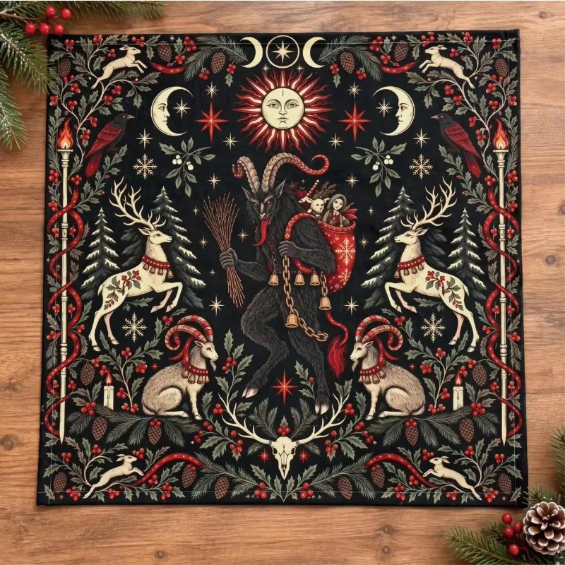 VIKAMA Krampus Gothic Folk Art Tarot Cloth Pagan Christmas Altar Mat for Witchy Holiday Home Decor