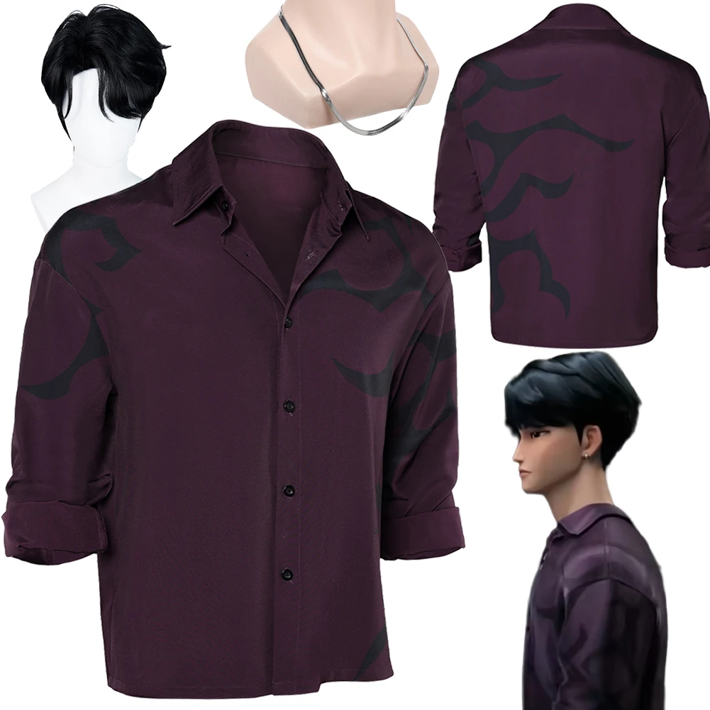 

Fantasia Demon Hunter of KPop Косплей Saja Boys Jinu темно-фиолетовые футболки 2025 Disfraz костюм мужская карнавальная одежда на Хэллоуин