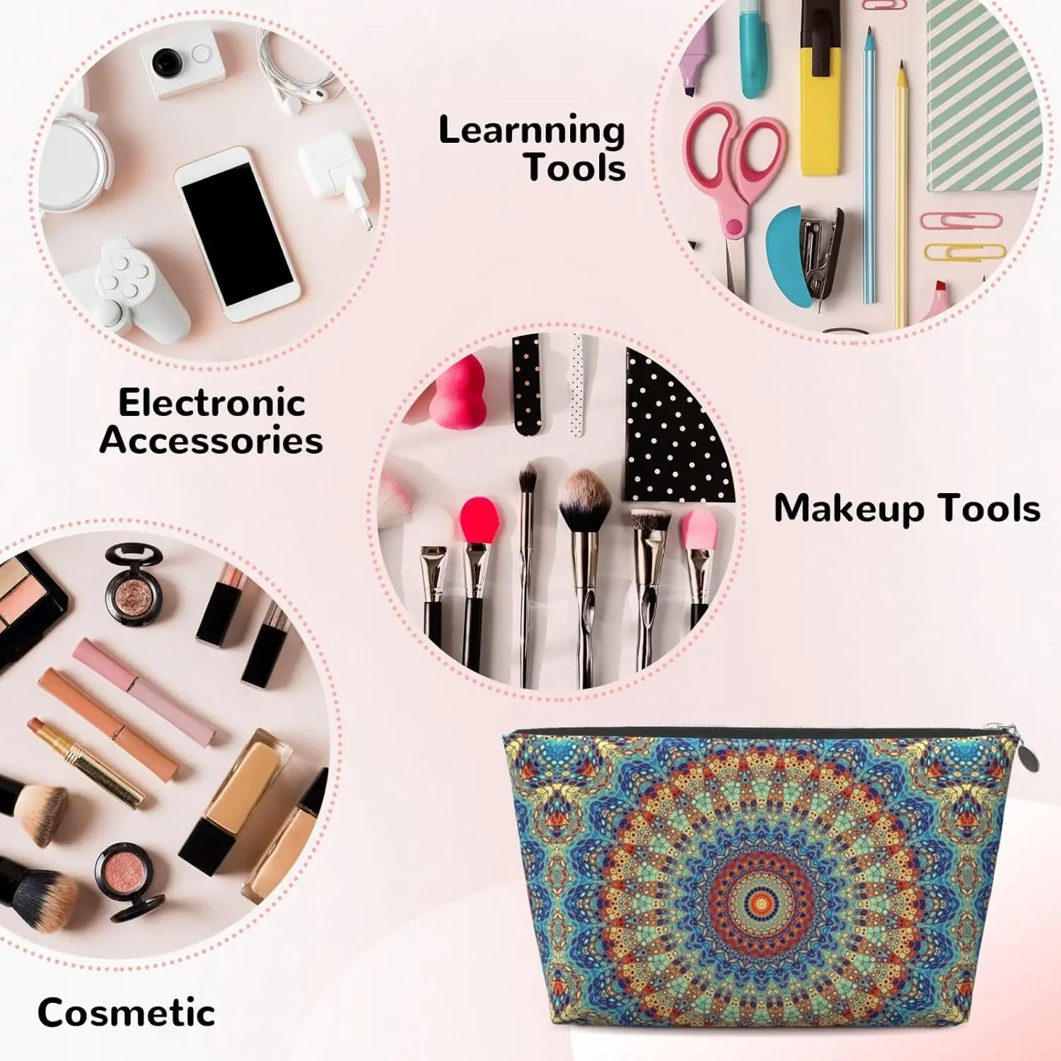 Round Mandala Makeup Bag Women Travel Size Toiletries Leather Waterproof Toiletry Bag Travel Essentials for Shampoo, Conditioner