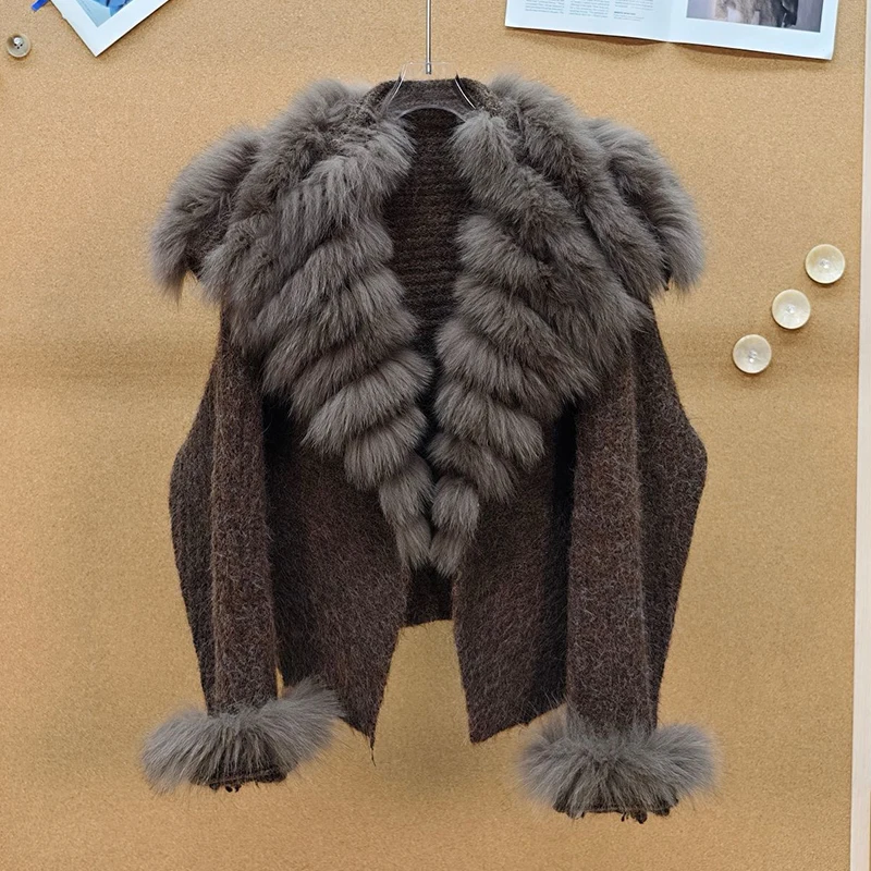 New Arrival Women Winter Coffee Big Real Fox Fur Collar Sweater Coat Lady's Spring Thick Sweater Knitted Button Coat