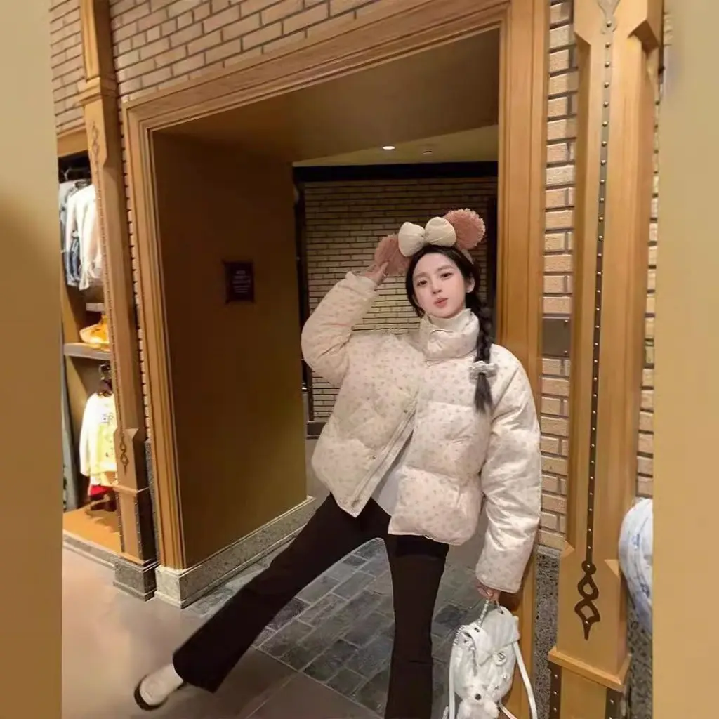 

Korean Style Floral Print Stand Collar Thickened Cotton Jacket Women's Winter Loose Fit Student Short Outerwear Coat